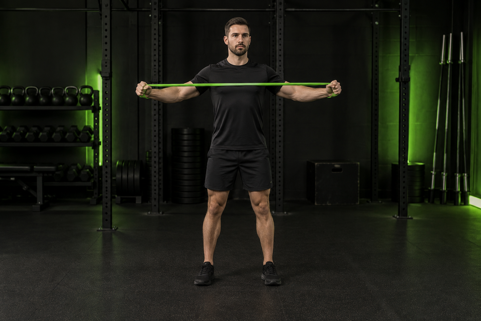 Ilustración de aperturas con goma (pull-apart) en un gimnasio oscuro con iluminación verde