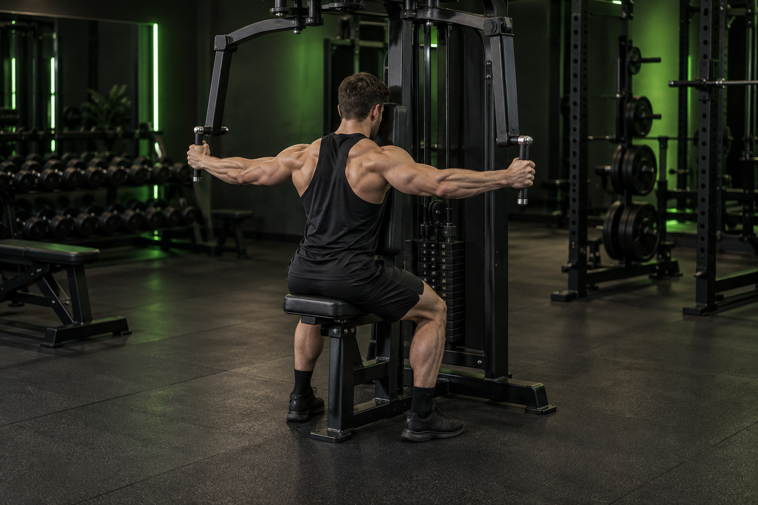 Aperturas inversas en máquina en un gimnasio oscuro con iluminación verde