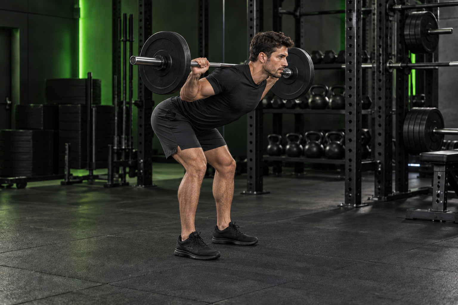 Buenos días con barra en un gimnasio oscuro con iluminación verde lima