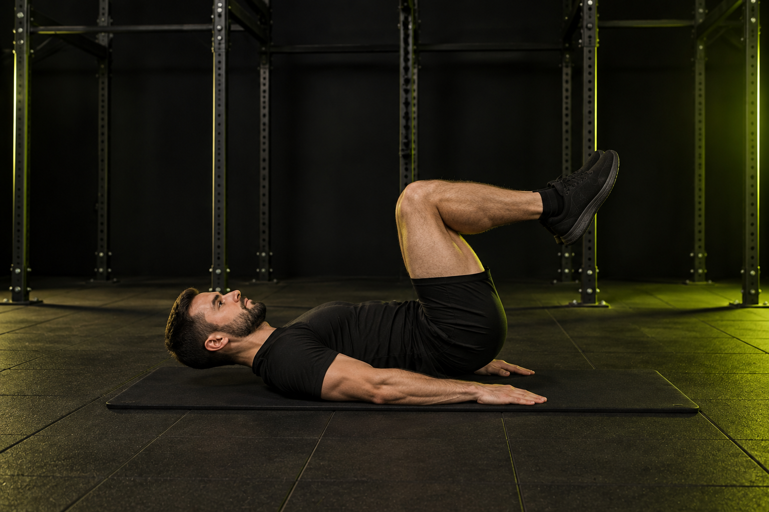 Ilustración de crunch inverso en un gimnasio oscuro con iluminación verde