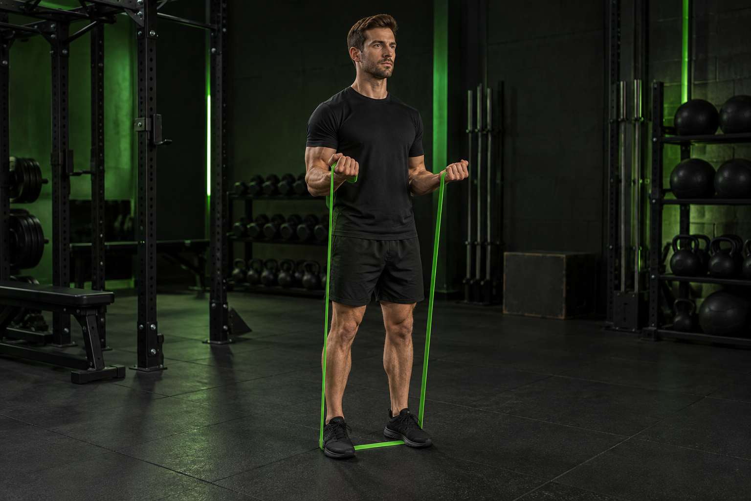 Ilustración de curl de bíceps con goma en un gimnasio oscuro con iluminación verde