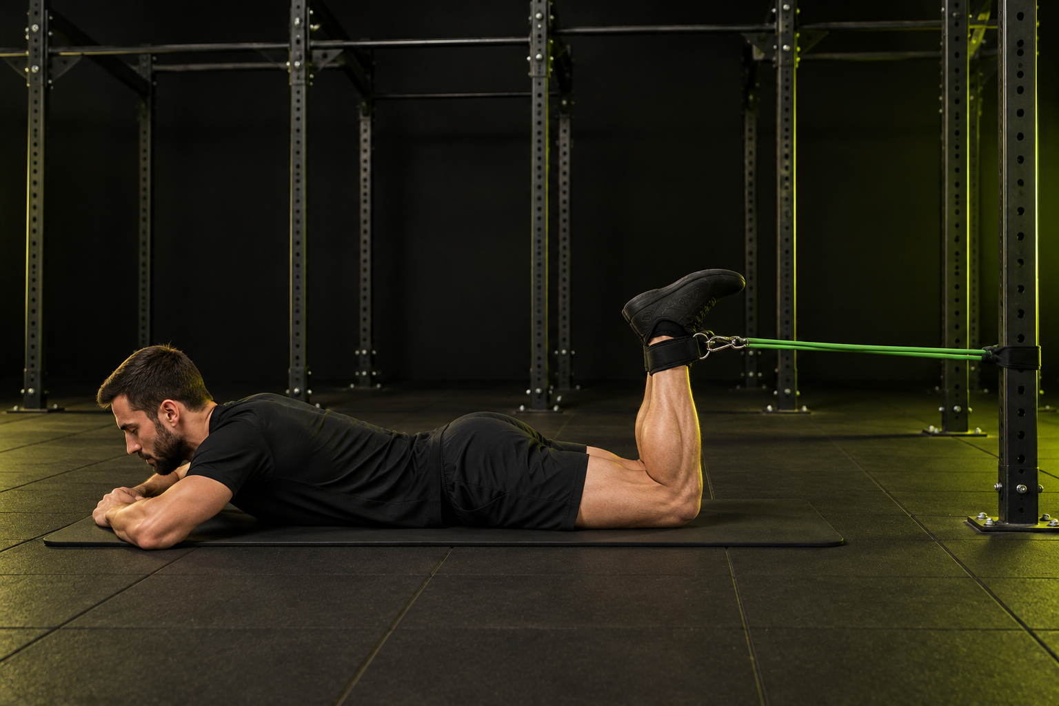 Ilustración de curl femoral con goma en un gimnasio oscuro con iluminación verde