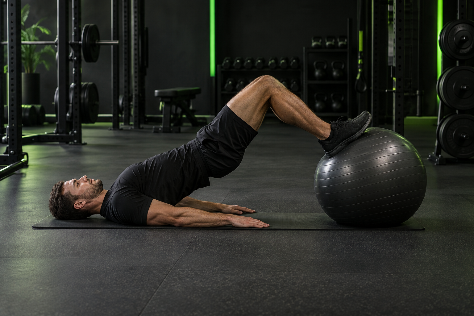 Curl femoral con fitball en un gimnasio oscuro con iluminación verde