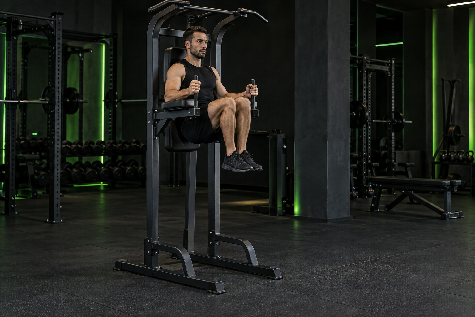 Elevación de rodillas en silla romana en un gimnasio oscuro con iluminación verde
