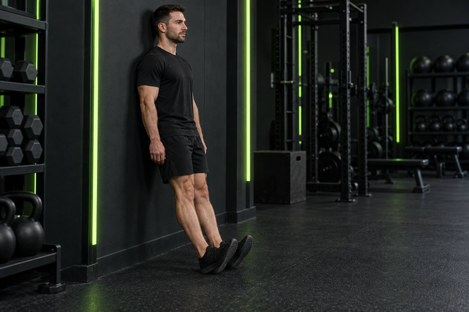 Elevación de tibial anterior en pared en un gimnasio oscuro con iluminación verde lima