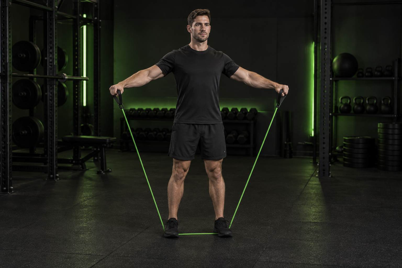Ilustración de elevaciones laterales con goma en un gimnasio oscuro con iluminación verde