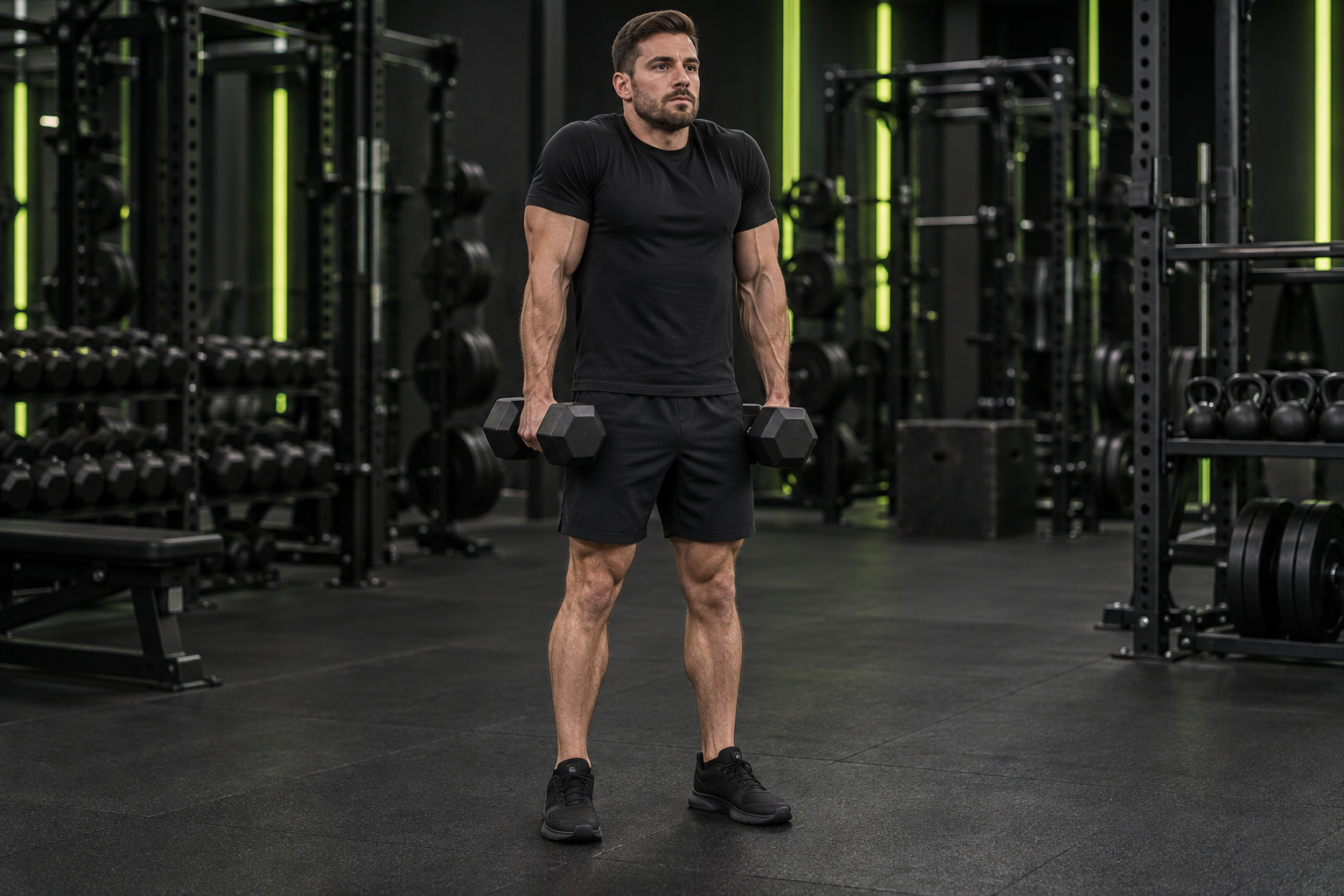 Encogimientos con mancuernas en un gimnasio oscuro con iluminación verde lima