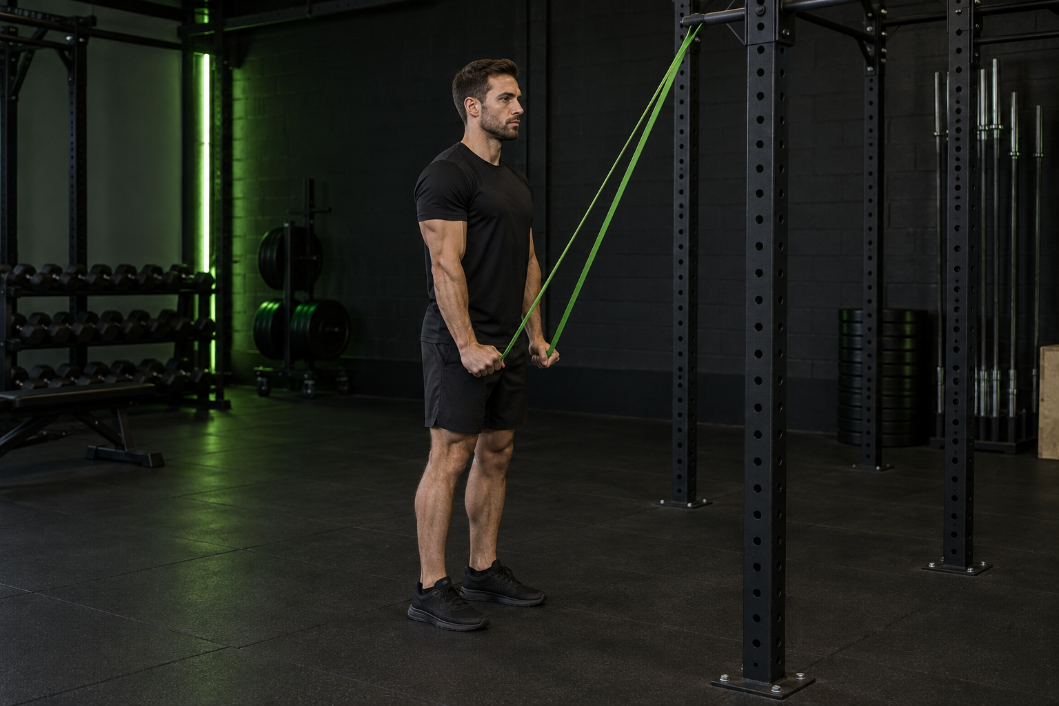 Ilustración de extensión de tríceps con goma en un gimnasio oscuro con iluminación verde