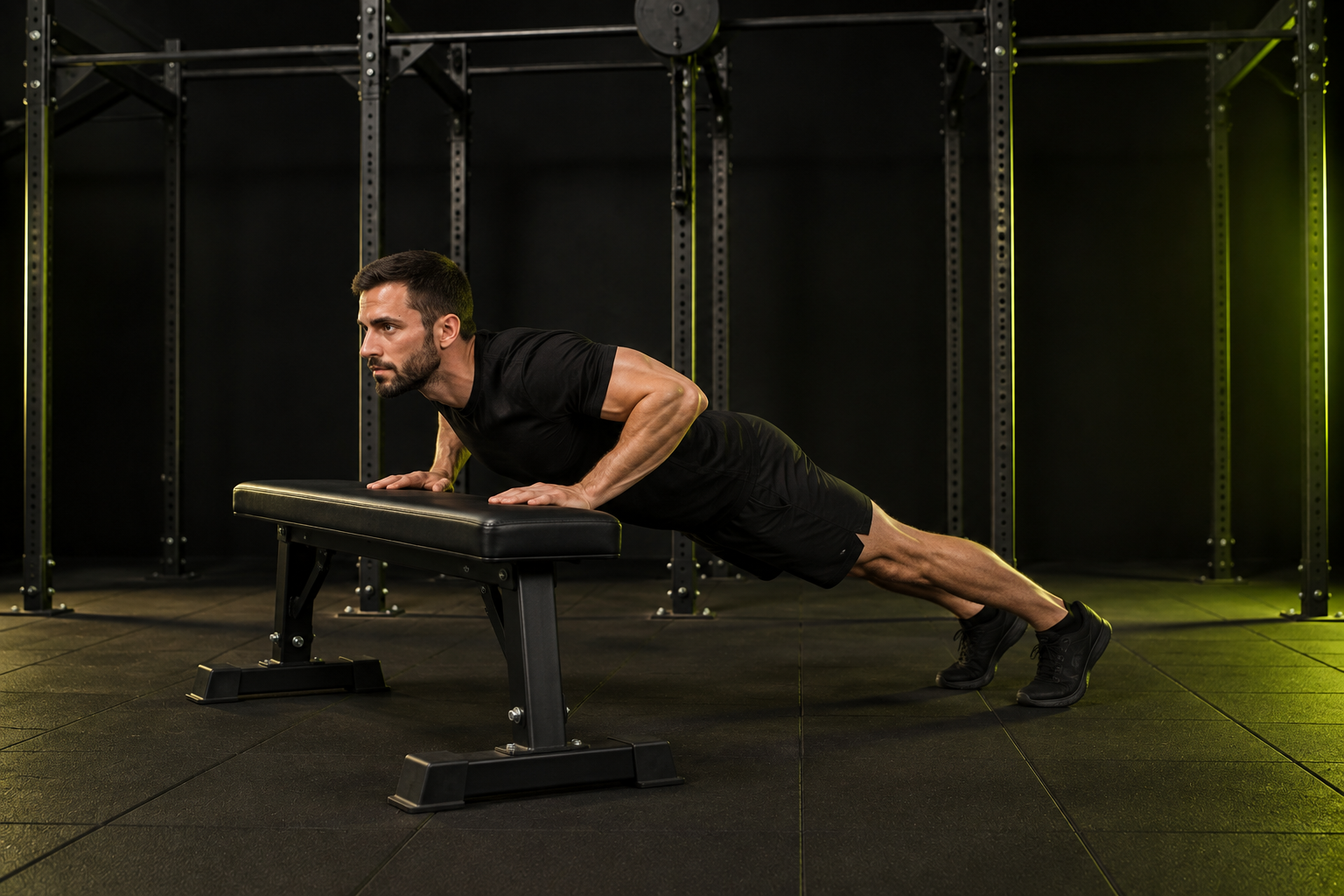 Ilustración de flexiones inclinadas en un gimnasio oscuro con iluminación verde