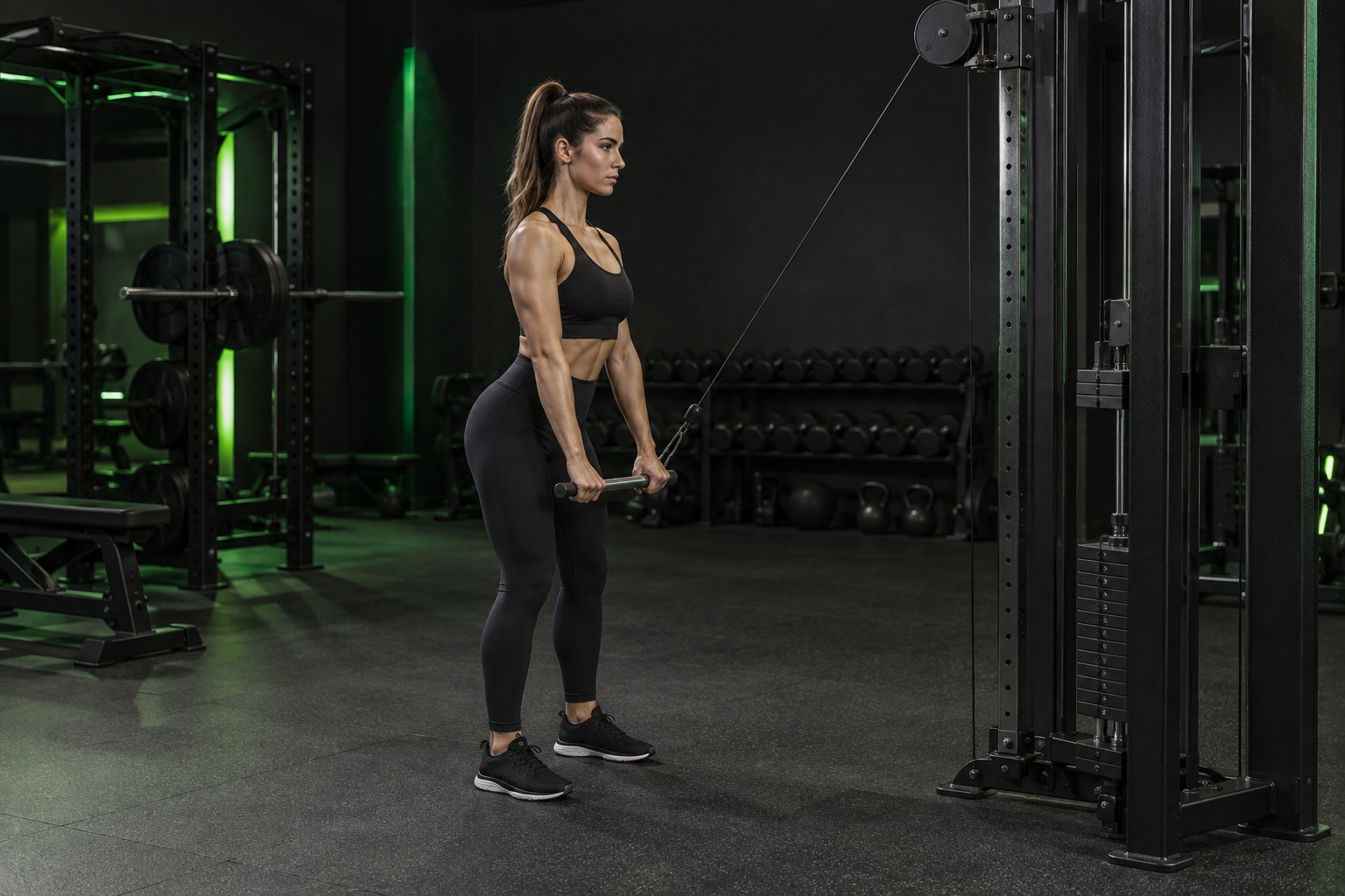 Jalón con brazos rectos en un gimnasio oscuro con iluminación verde