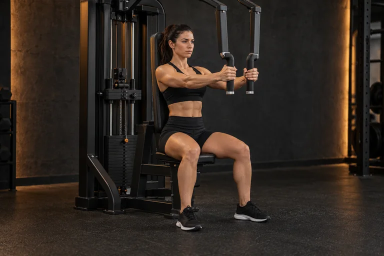 Demostración de aperturas en máquina pec deck en un gimnasio oscuro