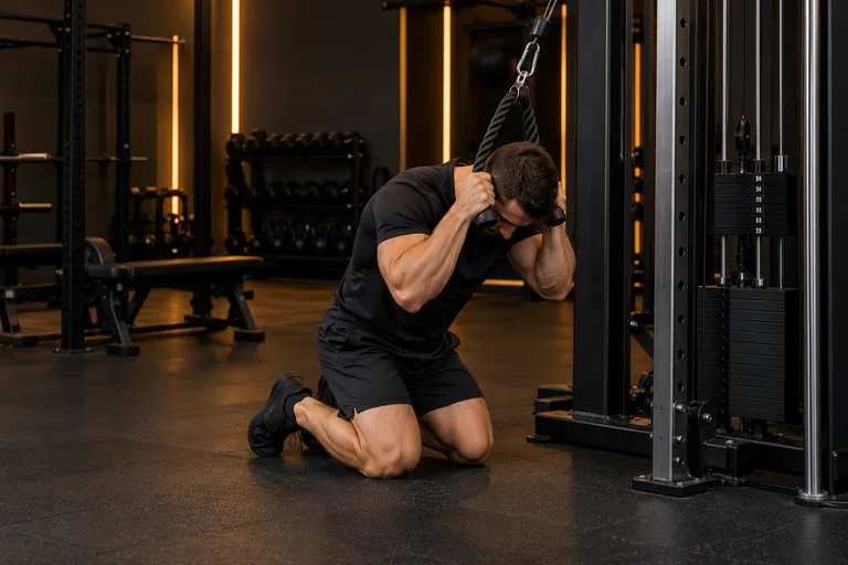 Demostración de crunch en polea alta en un gimnasio oscuro