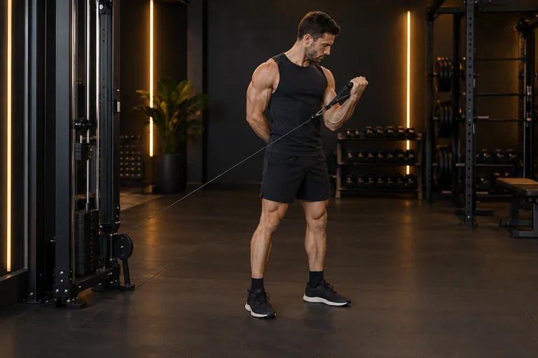 Demostración de curl bayesiano en polea en un gimnasio oscuro