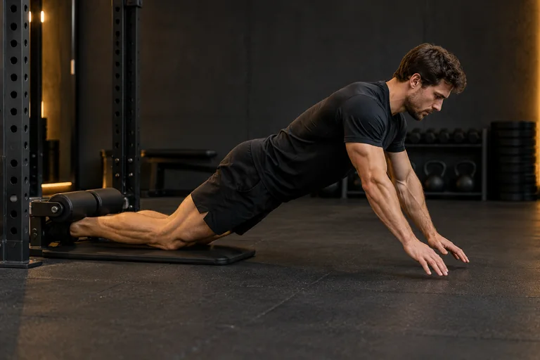 Demostración de curl nórdico asistido en un gimnasio oscuro