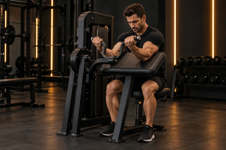 Demostración de curl predicador en máquina en un gimnasio oscuro