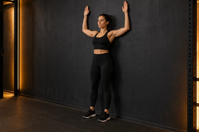 Demostración de deslizamiento de brazos en pared en un gimnasio oscuro