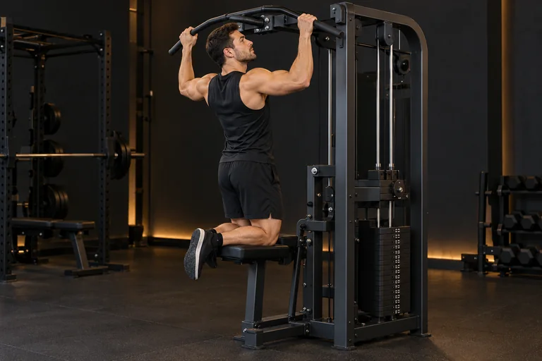 Demostración de dominada asistida en máquina en un gimnasio oscuro