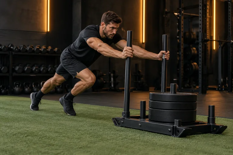 Demostración de empuje de trineo en un gimnasio oscuro
