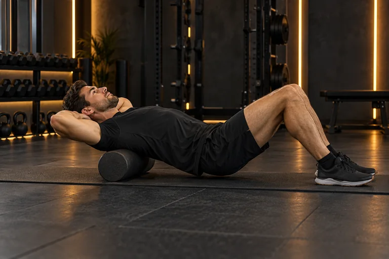 Demostración de extensión torácica con foam roller en un gimnasio oscuro
