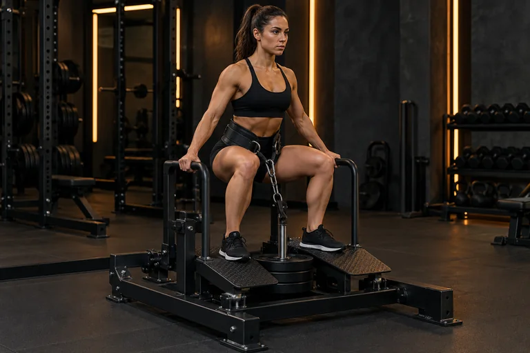 Demostración de sentadilla belt squat en un gimnasio oscuro