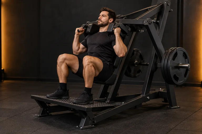 Demostración de sentadilla en máquina péndulo en un gimnasio oscuro