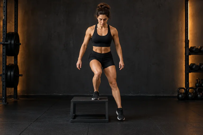 Demostración de step-down lateral desde cajón en un gimnasio oscuro