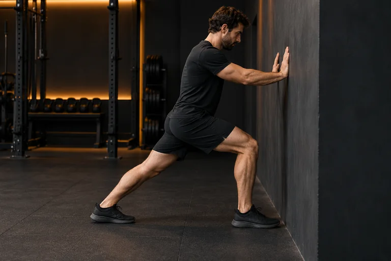 Demostración de rodilla a la pared para tobillo en un gimnasio oscuro