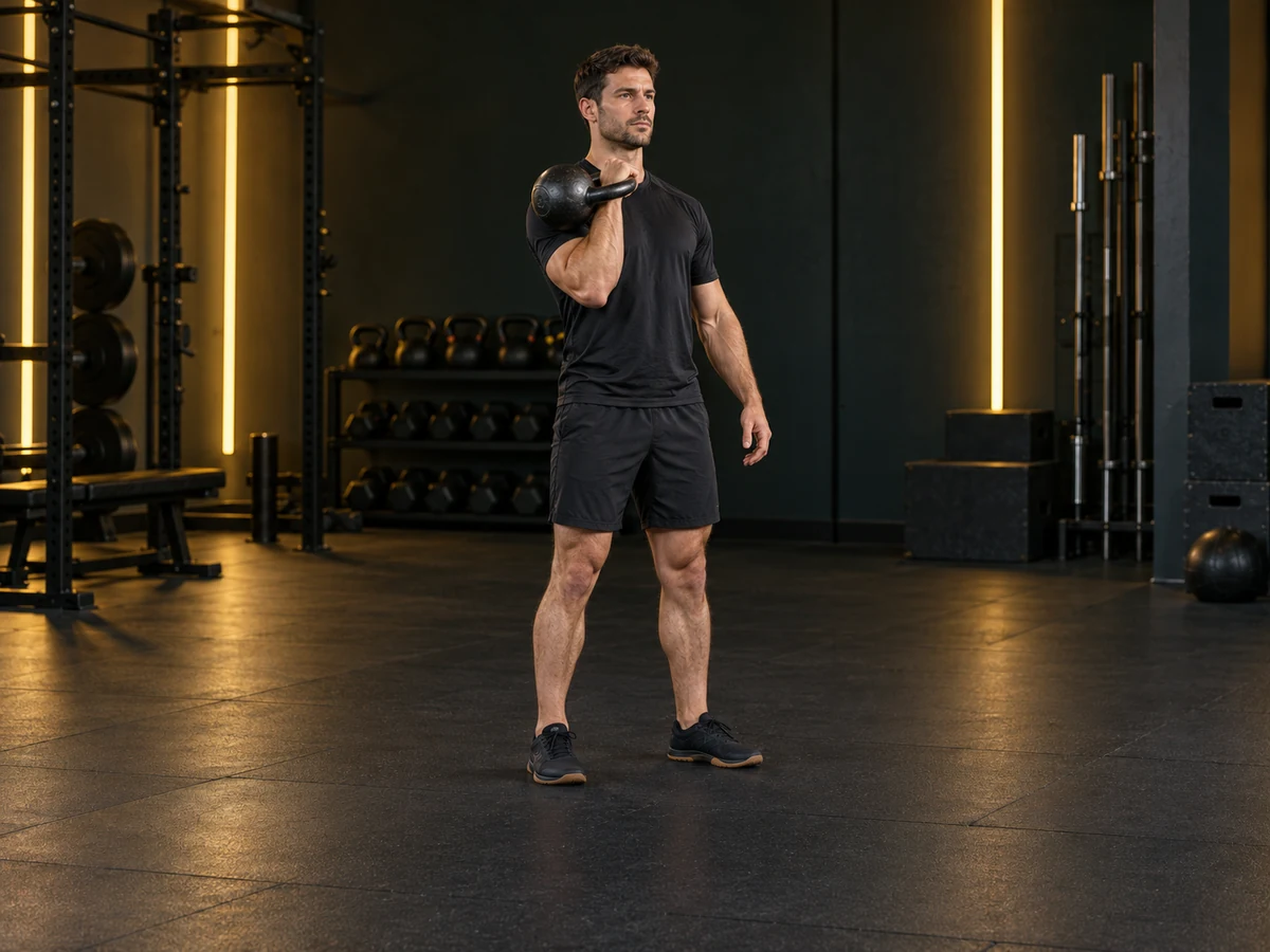 Demostración de clean con kettlebell en un gimnasio oscuro
