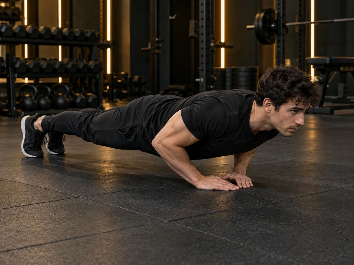 Demostración de flexiones diamante en un gimnasio oscuro
