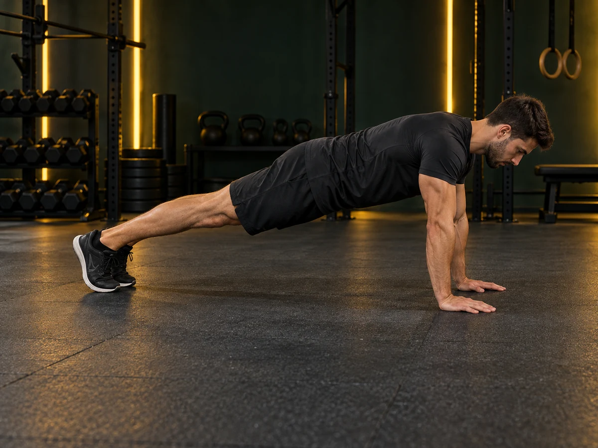 Demostración de flexiones escapulares en un gimnasio oscuro