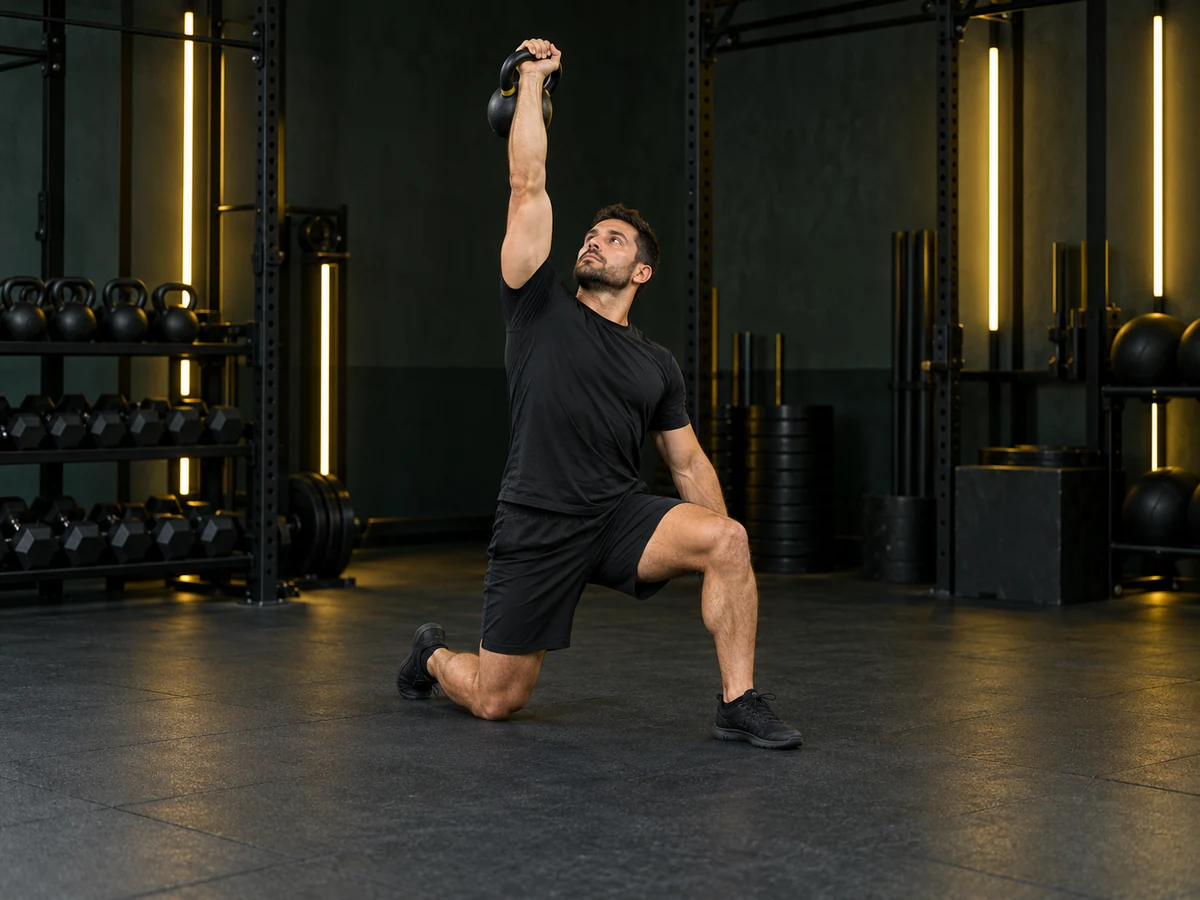 Demostración de levantamiento turco con kettlebell en un gimnasio oscuro