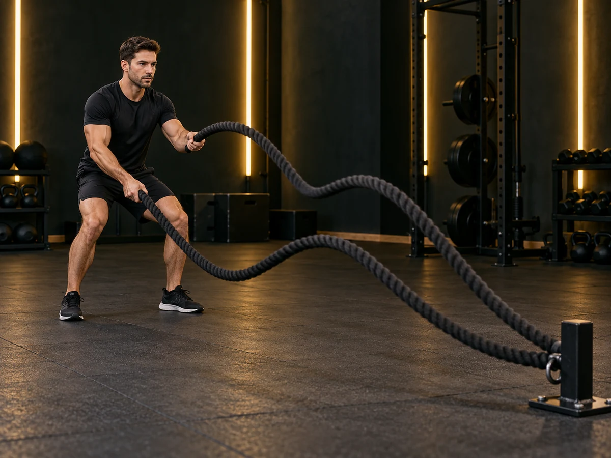 Demostración de ondas alternas con battle ropes en un gimnasio oscuro
