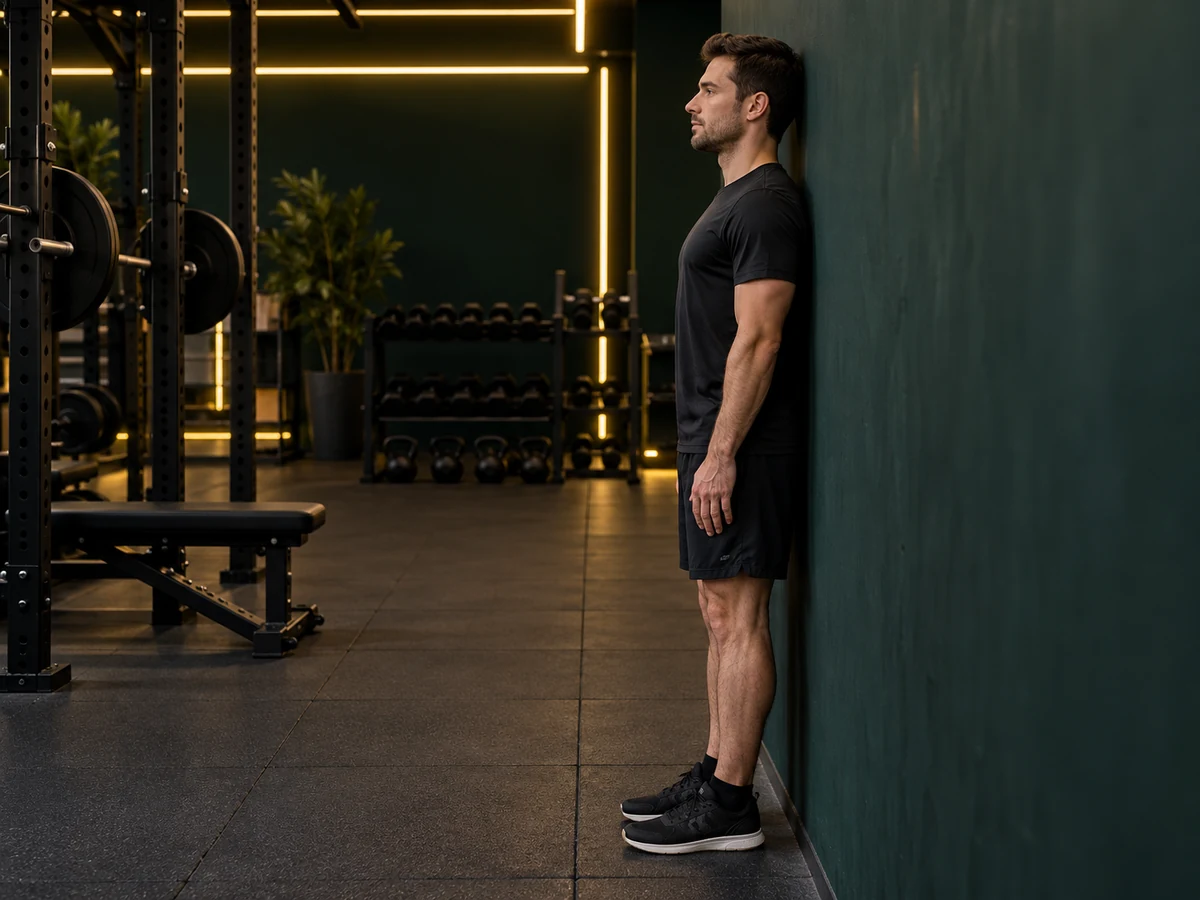 Demostración de retracción cervical suave en pared en un gimnasio oscuro