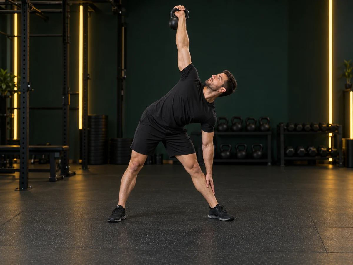 Demostración de windmill con kettlebell en un gimnasio oscuro