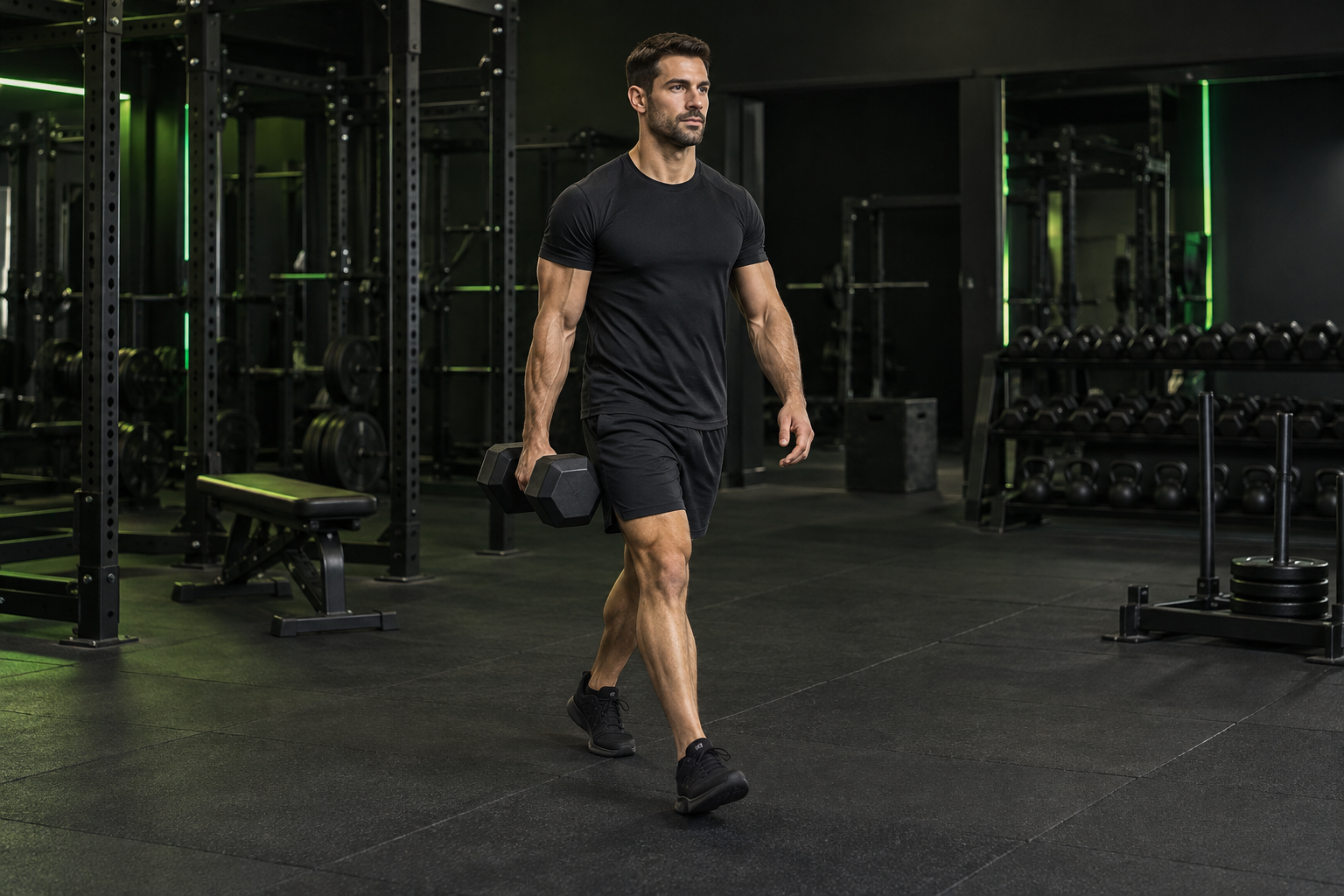 Paseo de la maleta en un gimnasio oscuro con iluminación verde