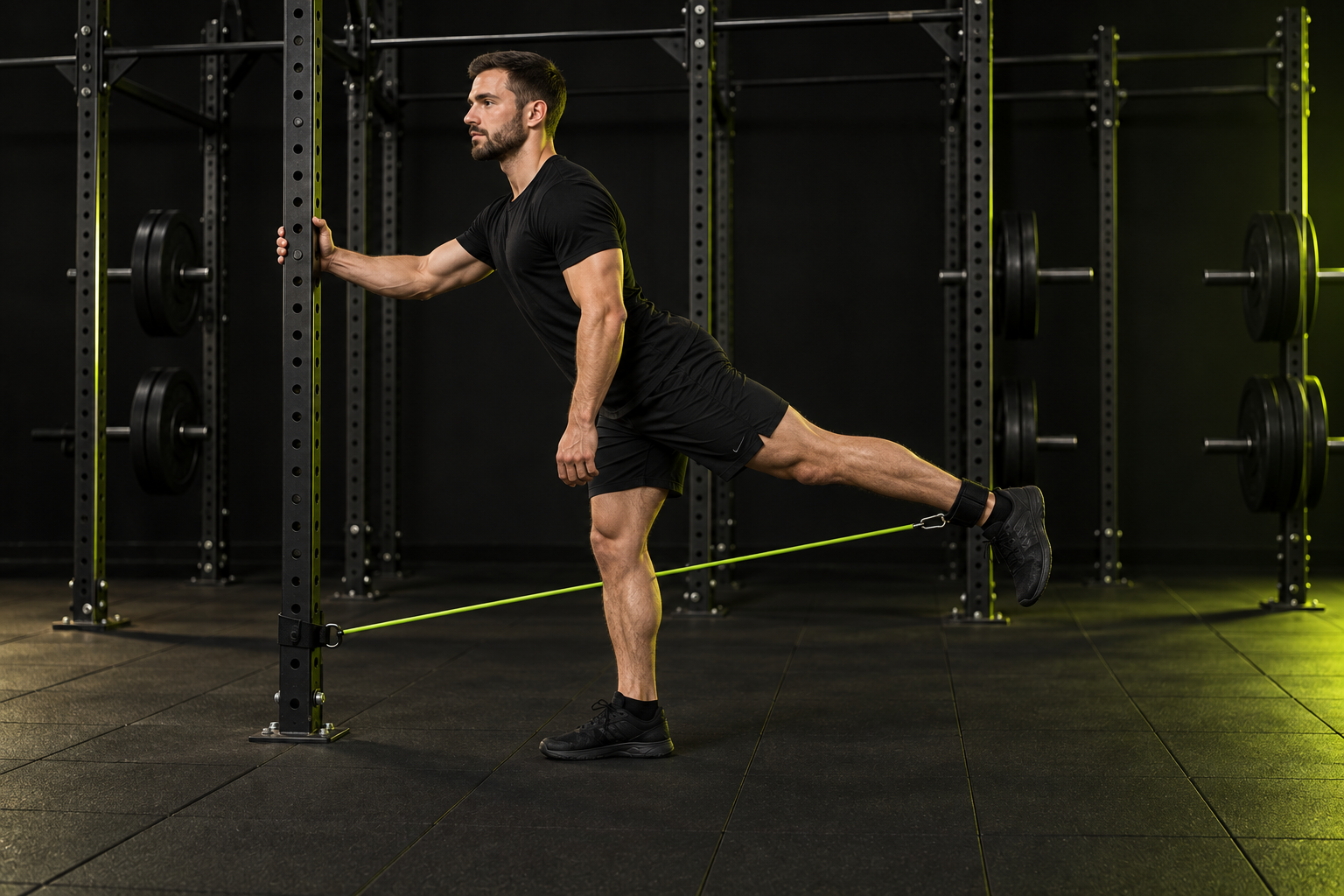 Ilustración de patada de glúteo con goma en un gimnasio oscuro con iluminación verde