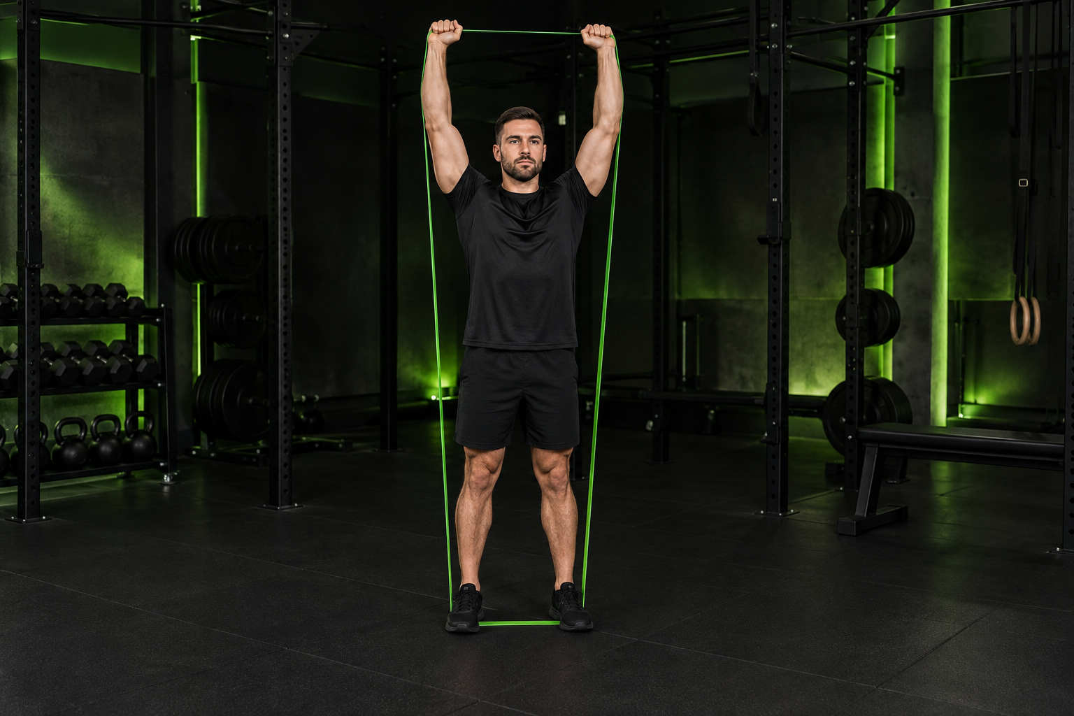 Ilustración de press de hombros con goma en un gimnasio oscuro con iluminación verde