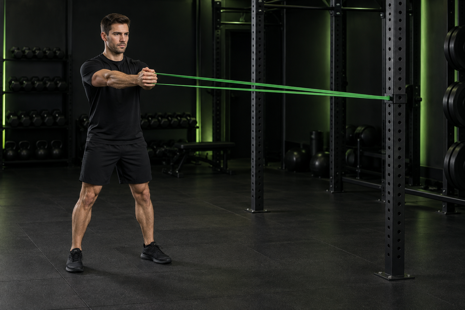 Ilustración de press pallof con goma en un gimnasio oscuro con iluminación verde