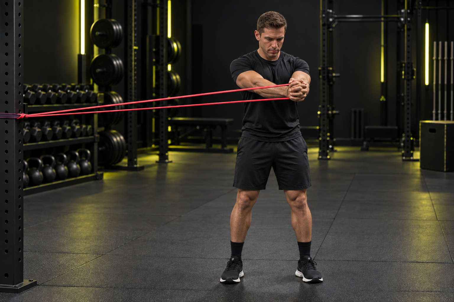 Press Pallof con banda lateral, en gimnasio oscuro con luz lima