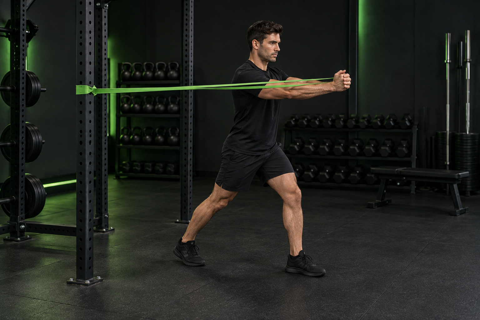 Ilustración de press de pecho con goma en un gimnasio oscuro con iluminación verde