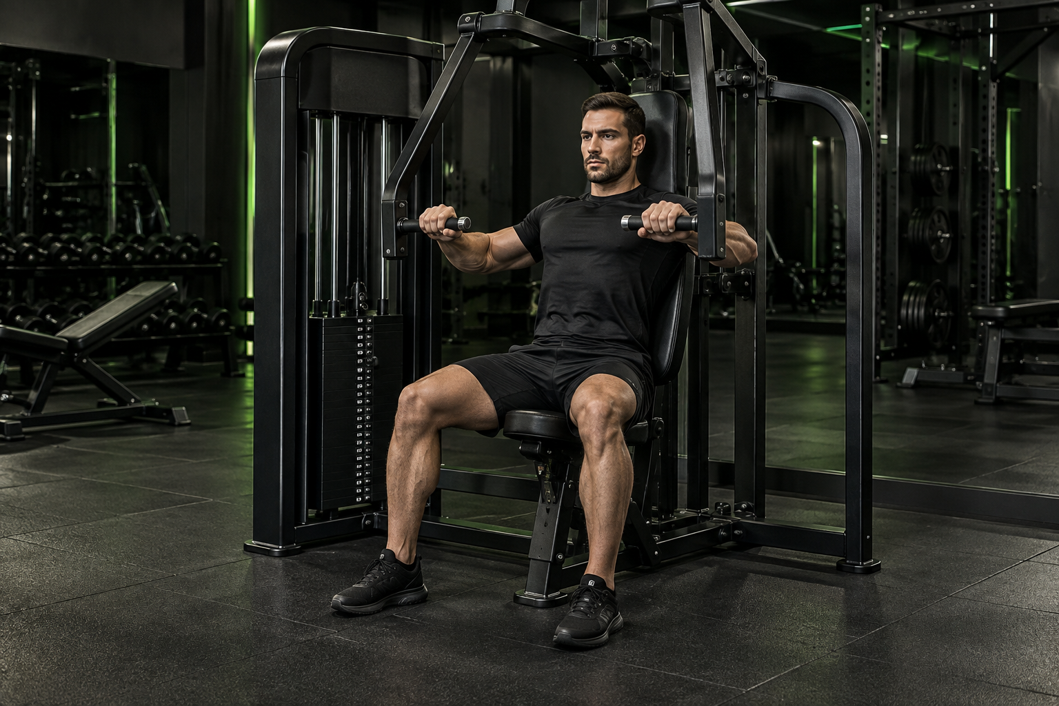 Press de pecho en máquina en un gimnasio oscuro con iluminación verde