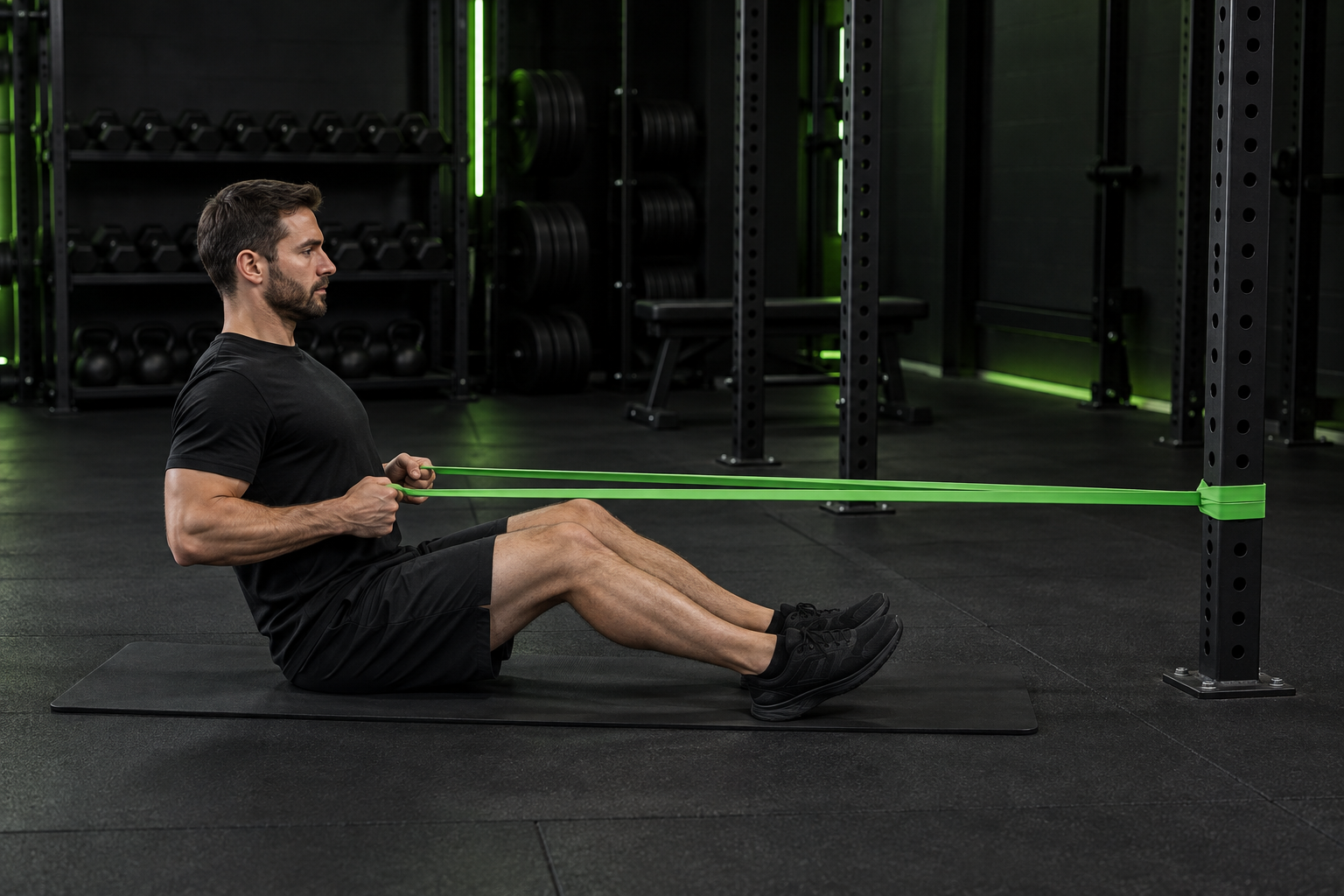 Ilustración de remo con goma en un gimnasio oscuro con iluminación verde