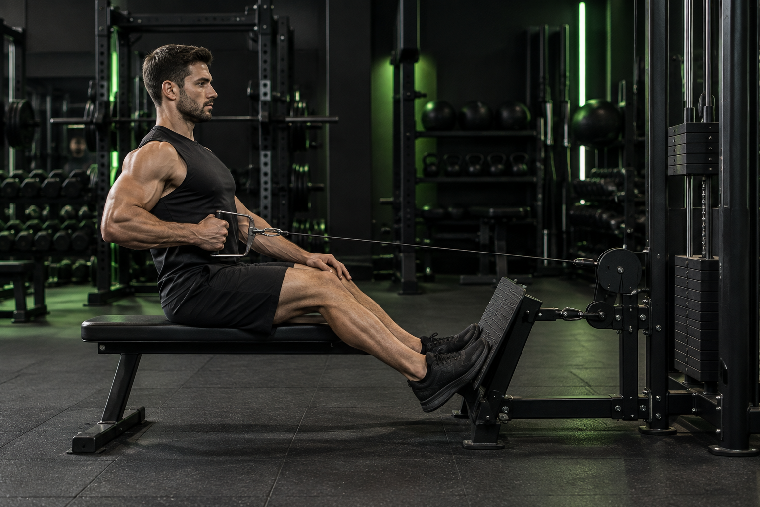 Remo en polea a una mano en un gimnasio oscuro con iluminación verde