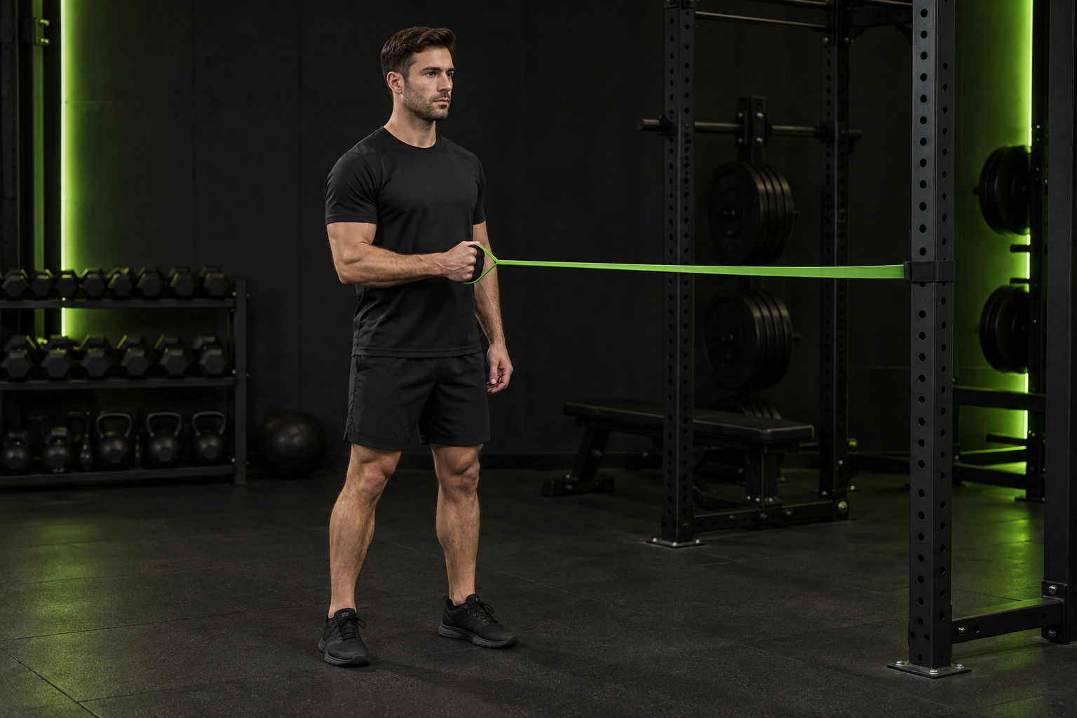 Ilustración de rotación externa con goma en un gimnasio oscuro con iluminación verde