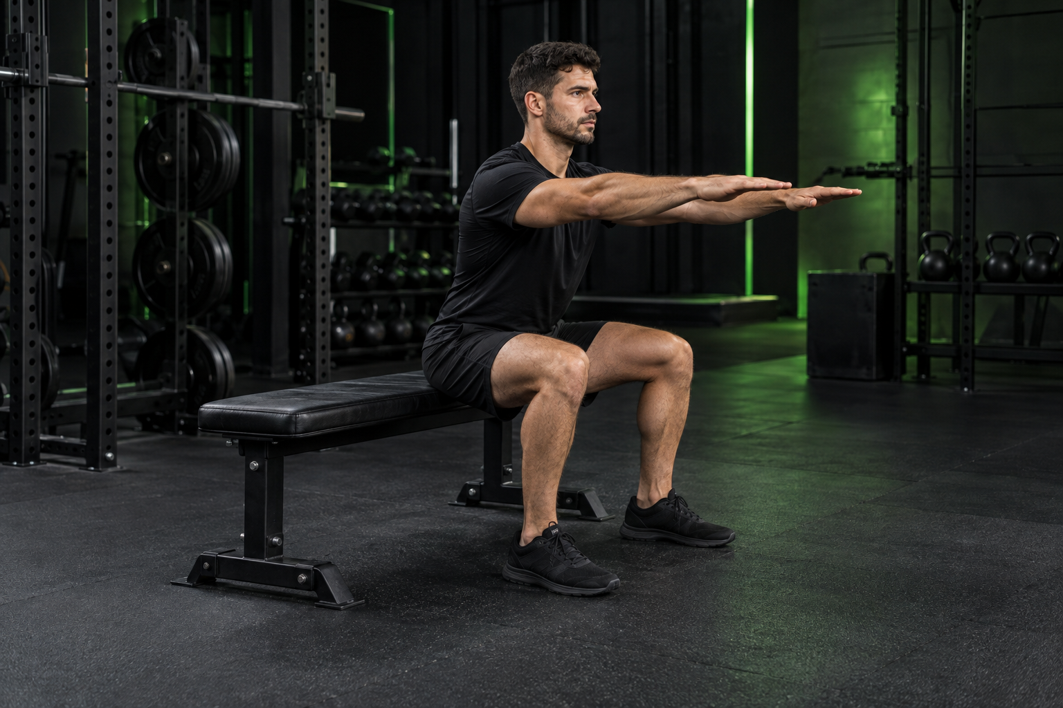 Sentadilla al cajón en un gimnasio oscuro con iluminación verde
