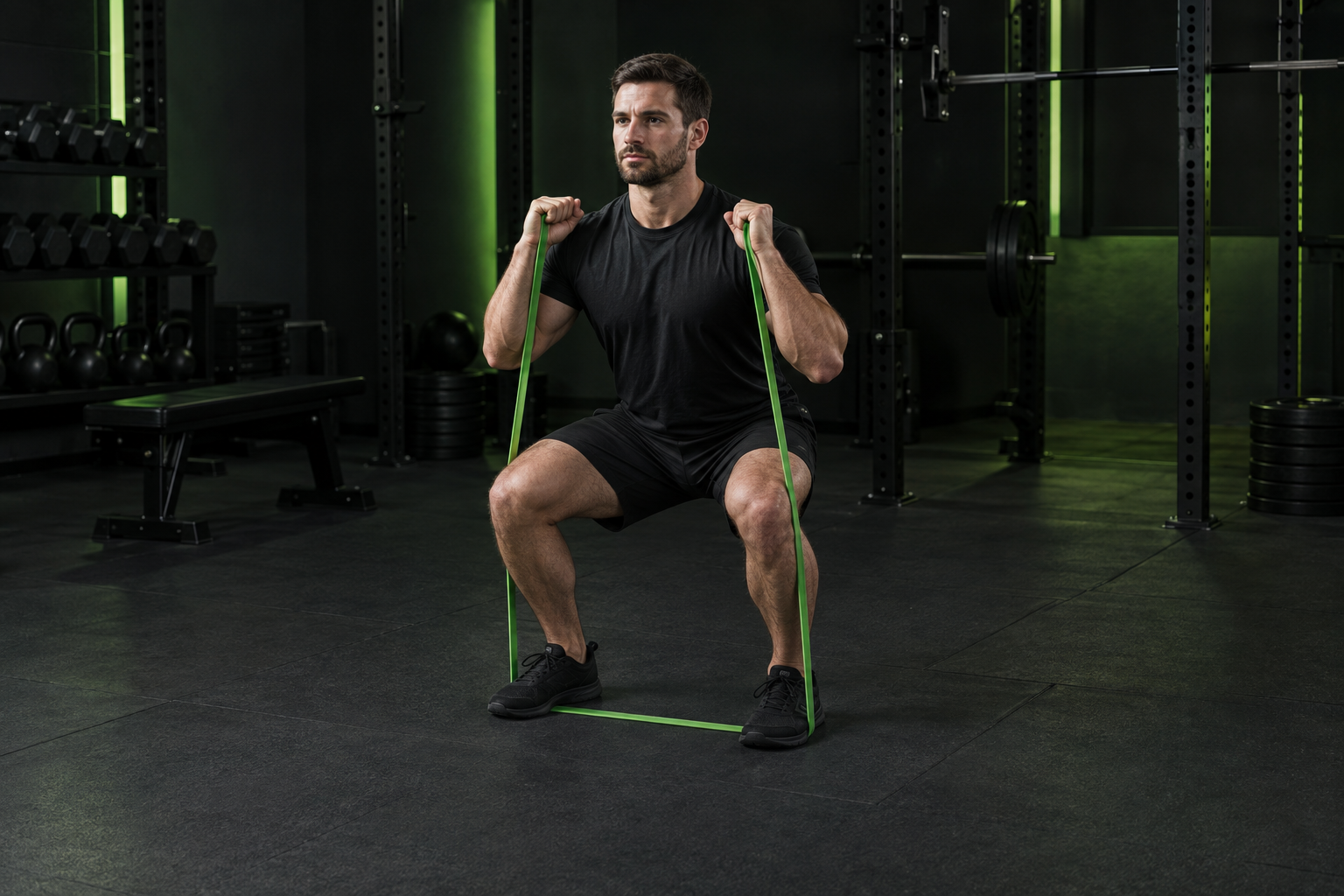 Ilustración de sentadilla con goma en un gimnasio oscuro con iluminación verde