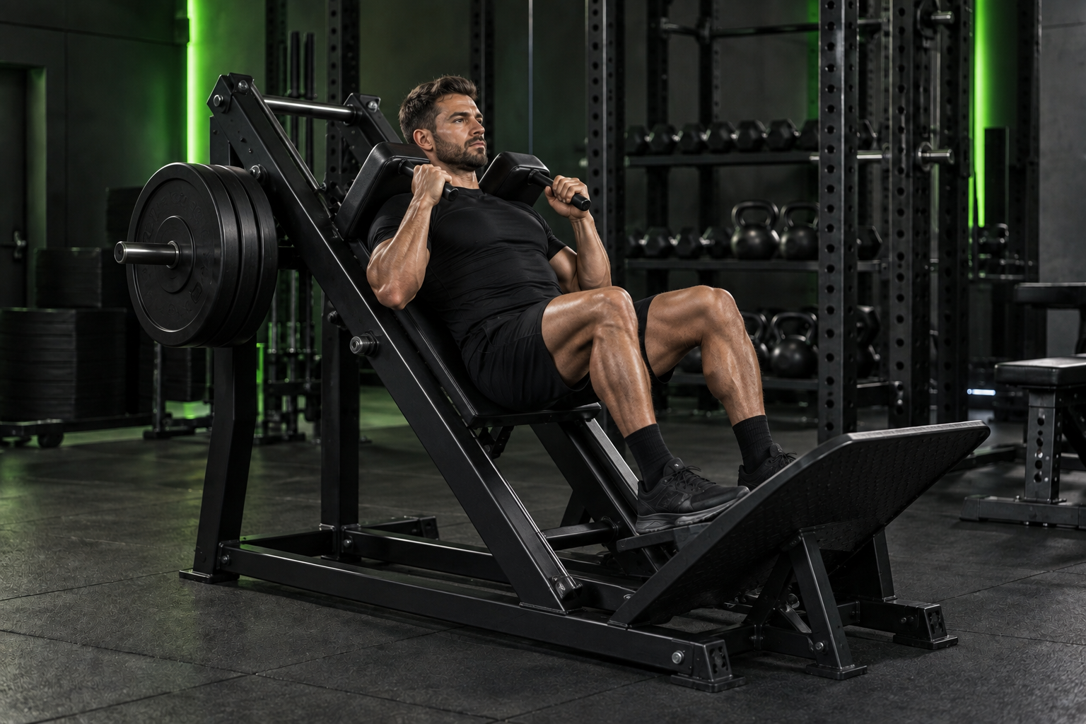 Sentadilla hack en máquina en un gimnasio oscuro con iluminación verde lima