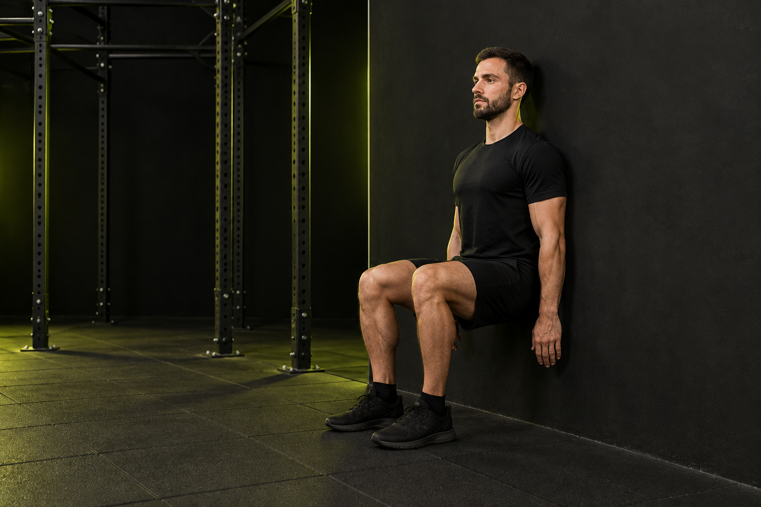 Ilustración de sentadilla isométrica en pared en un gimnasio oscuro con iluminación verde