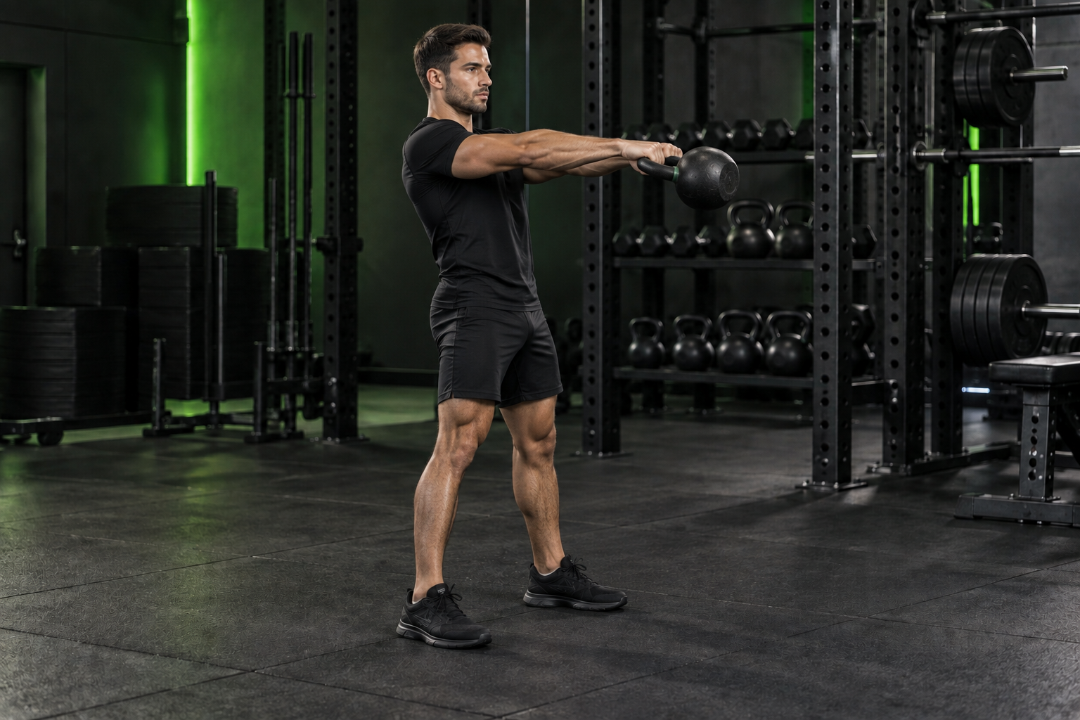 Swing con kettlebell en un gimnasio oscuro con iluminación verde lima