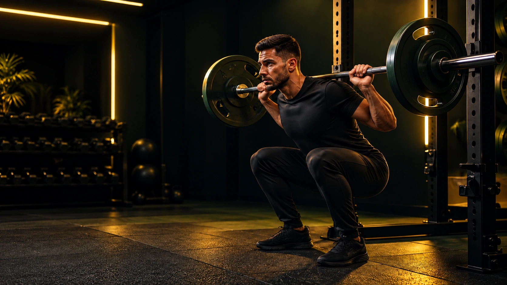 Atleta realizando una sentadilla con iluminación amarilla BiomechCoach